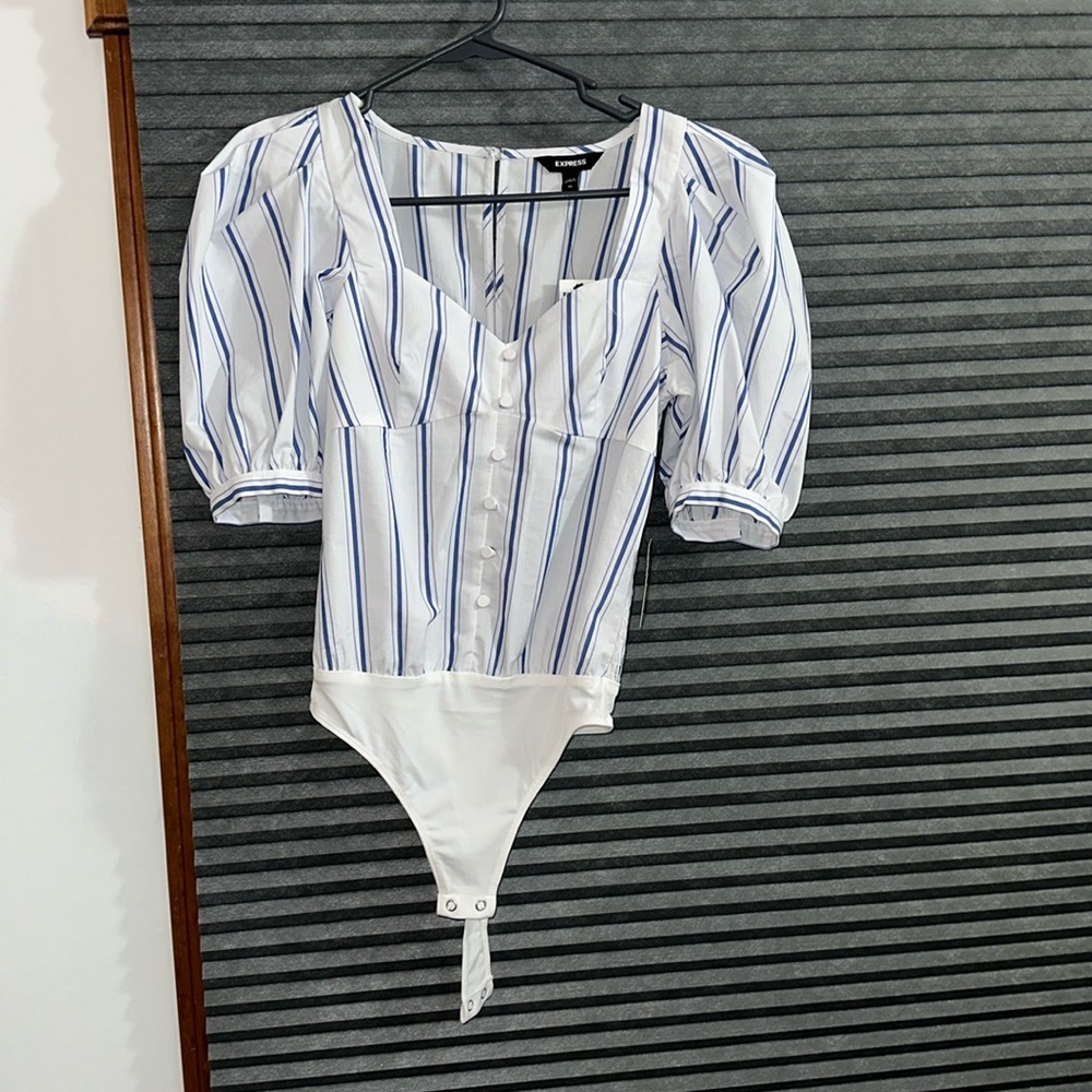 White and blue bodysuit blouse from EXPRESS